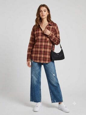 Full Zip Plaid Flannel Shirt Long Sleeve Red Brown Shacket Oversized Top Sz Larg